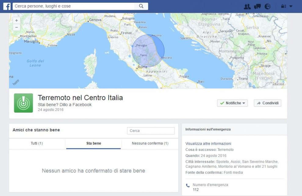 Facebook Safety Check per Terremoto in Italia